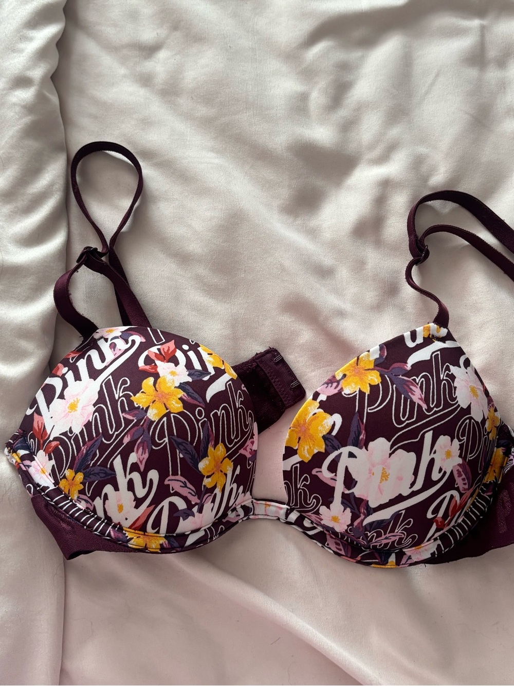 PINK Floral Push-Up Bra in Plum